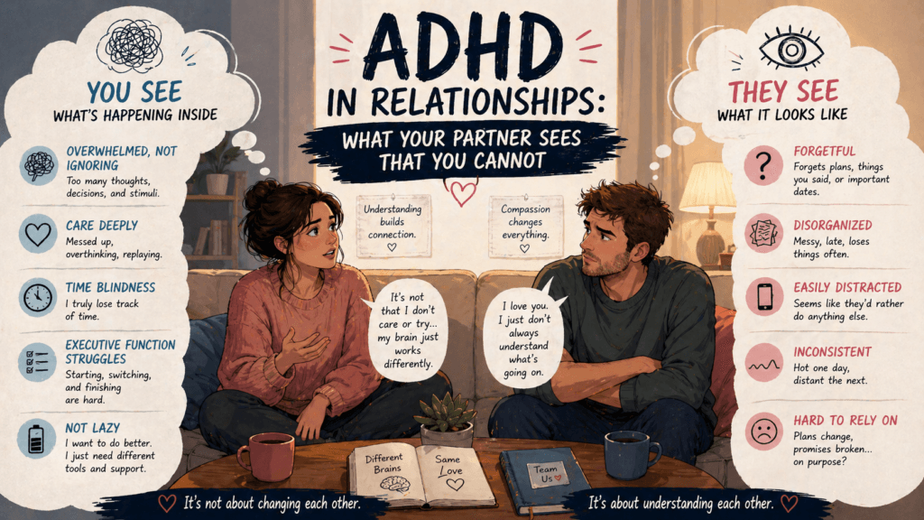 ADHD in Relationships: What Your Partner Sees That You Cannot